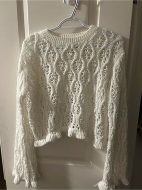 Divided Cream Openwork Crochet Pullover
